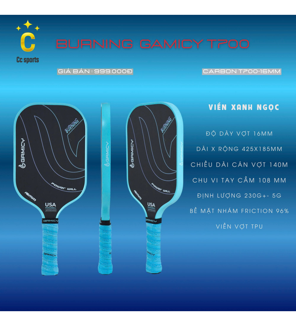 Vợt Pickleball Gamicy Burning T700 16mm