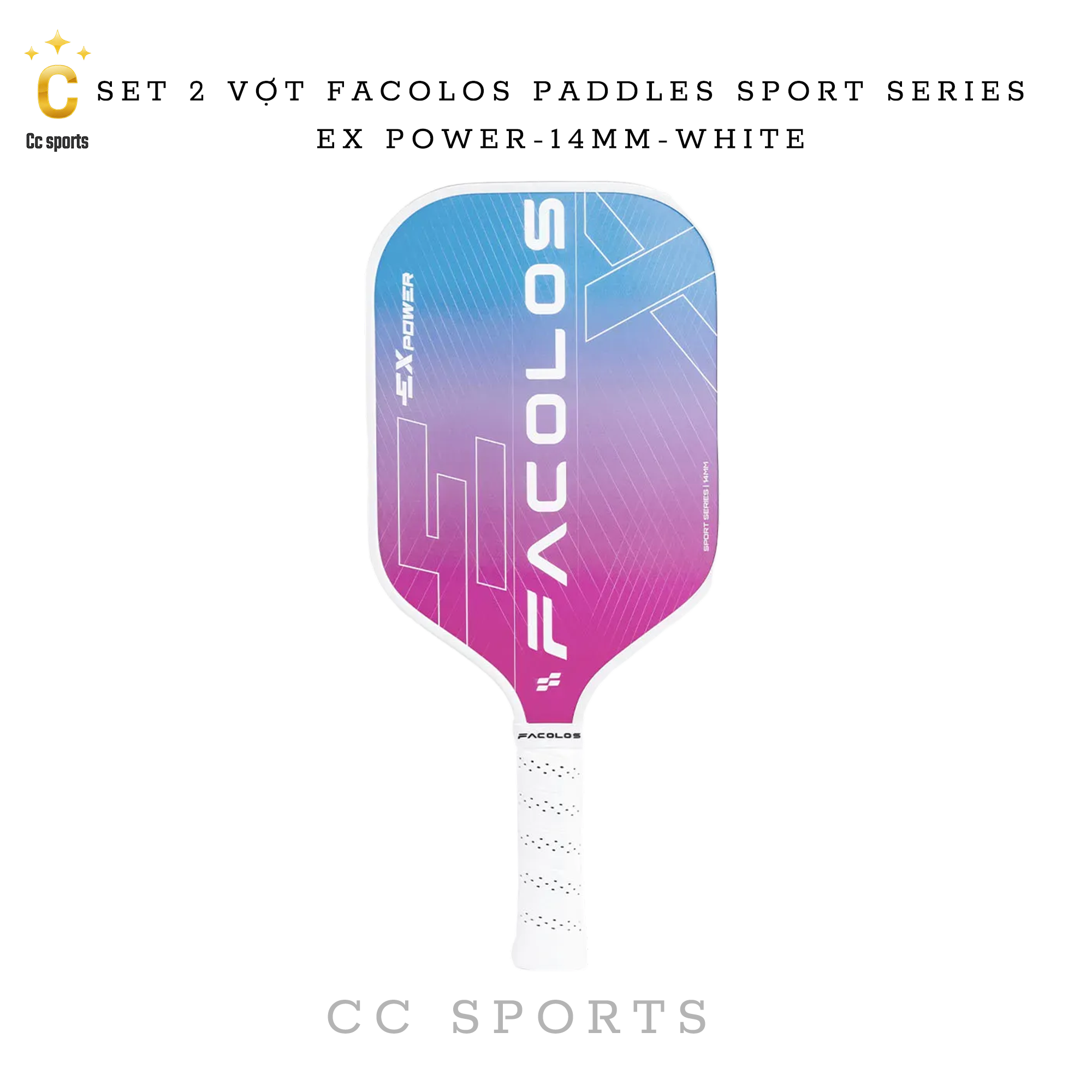Set 2 Vợt Pickleball Facolos Paddles Sport Series- Ex Power- 14MM - White